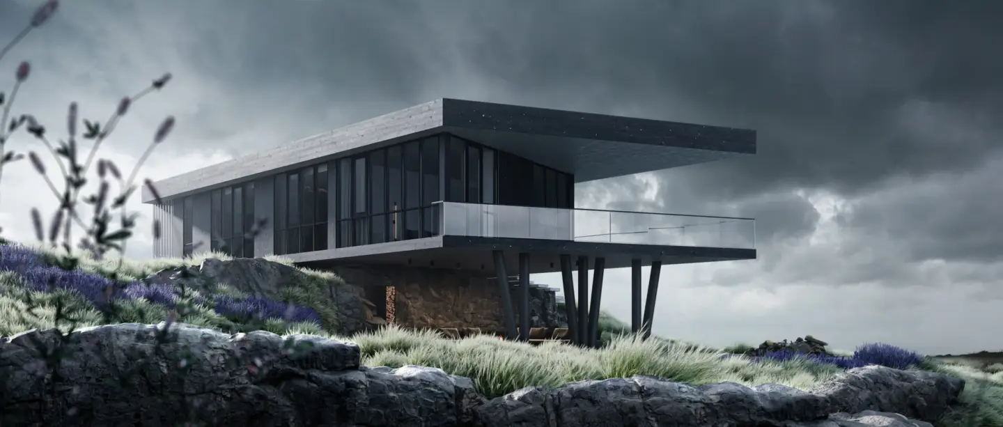 10 best architectural visualization studios Modern cliffside house 3D render showcasing architectural visualization and dramatic exterior design