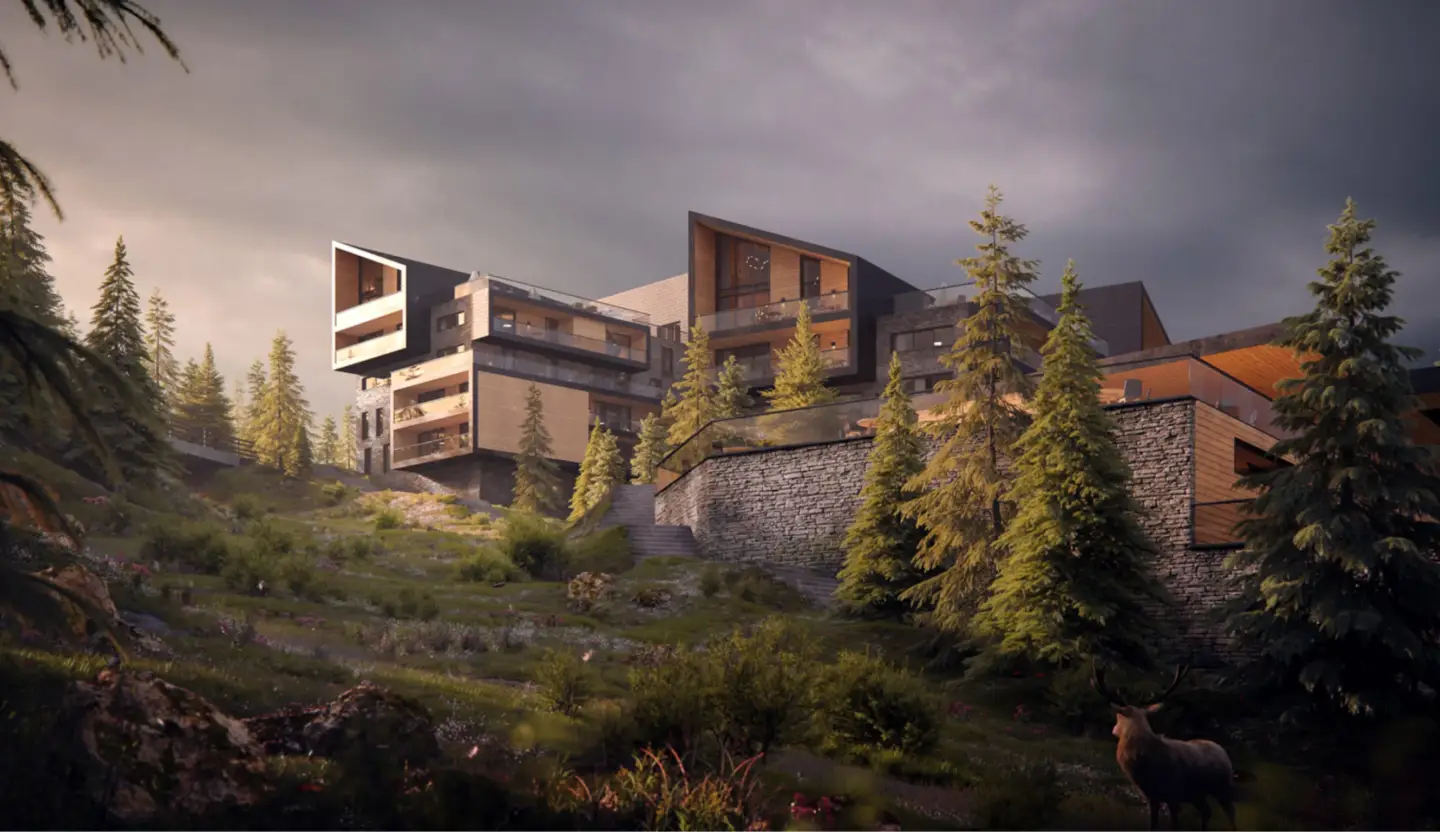 10 best architectural visualization studios Architectural visualization of a modern hillside residential complex integrated into forest landscape