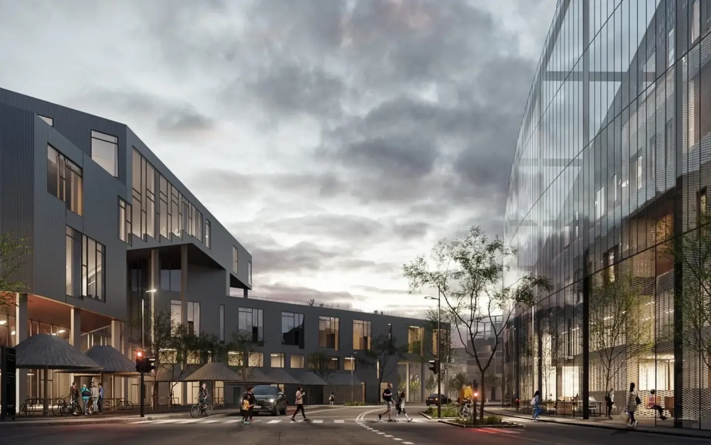 10 best architectural visualization studios Architectural visualization of a modern urban street with mixed-use buildings and evening atmosphere