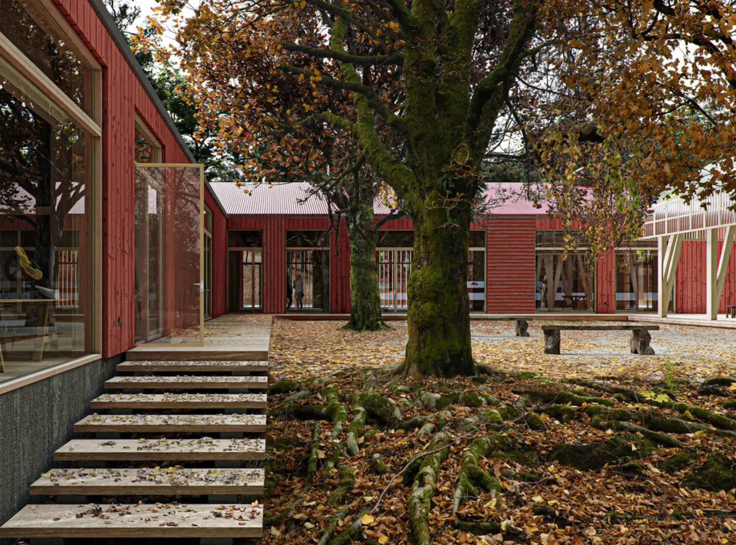 10 best architectural visualization studios Architectural visualization of a wooden courtyard building integrated with trees and autumn landscape