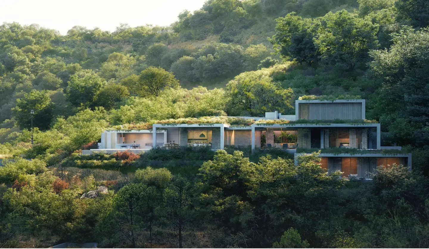 10 best architectural visualization studios Modern architectural visualization of a hillside house integrated into a lush green forest landscape
