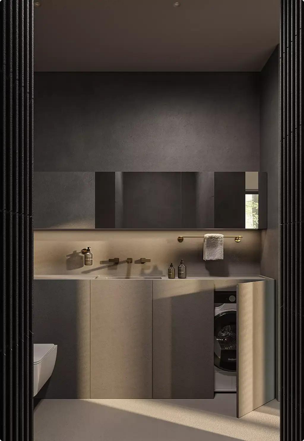 Minimal bathroom vanity in 3D Interior Rendering with concealed washer and bronze fixtures