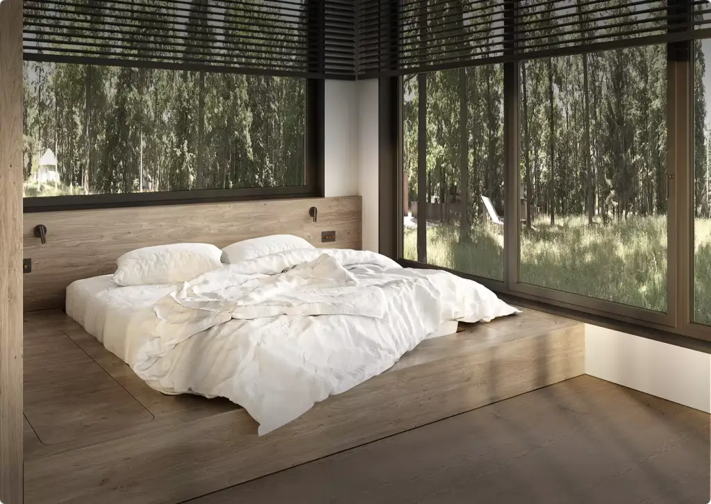 3D interior rendering of bedroom with low wooden bed, white bedding, large windows, forest view