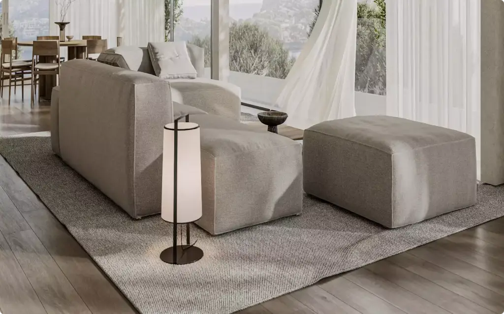 Bright living area with soft modular seating and sheer curtains in 3D interior rendering