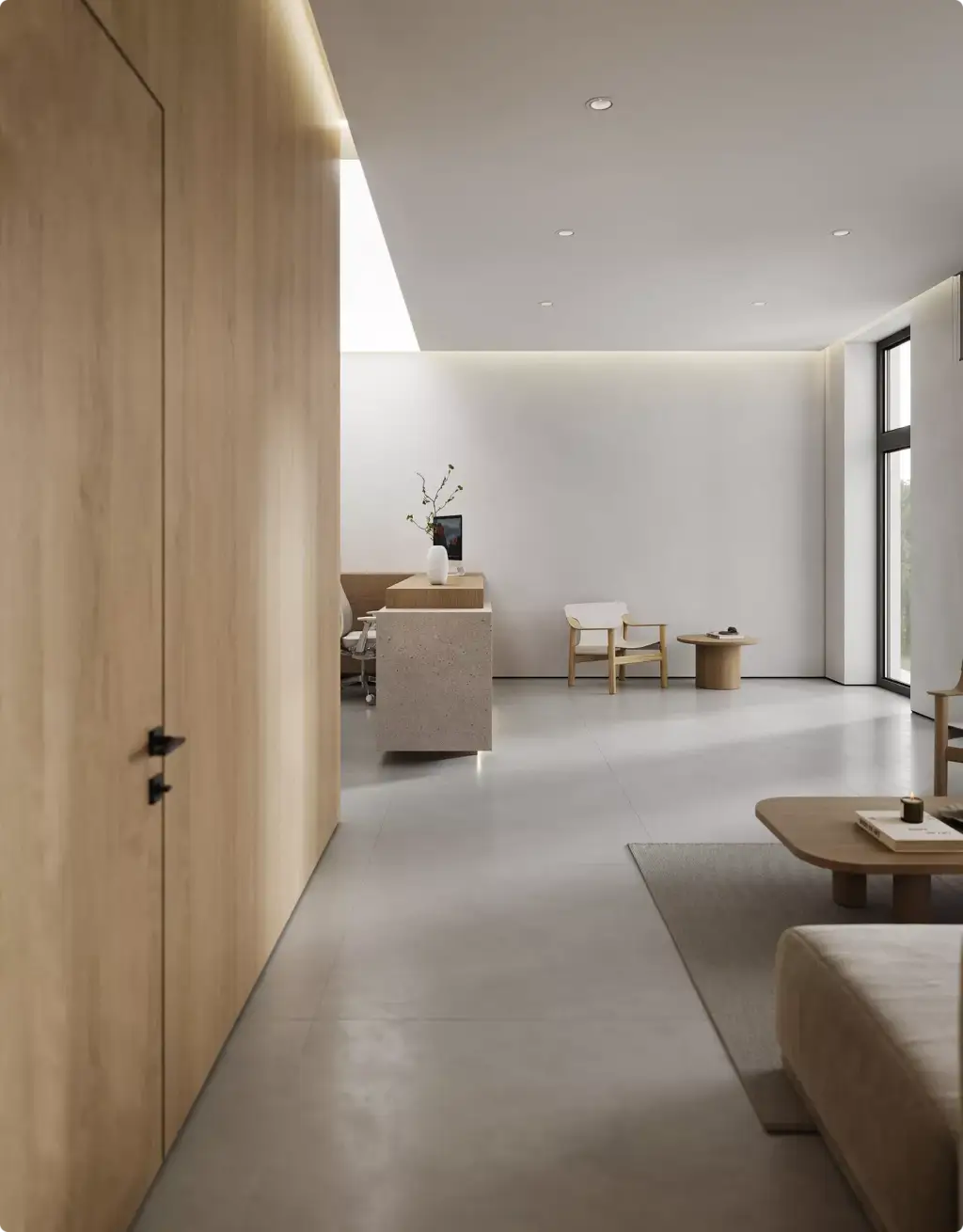 Minimal clinic waiting area in 3D Interior Rendering with wood panels and lounge seating