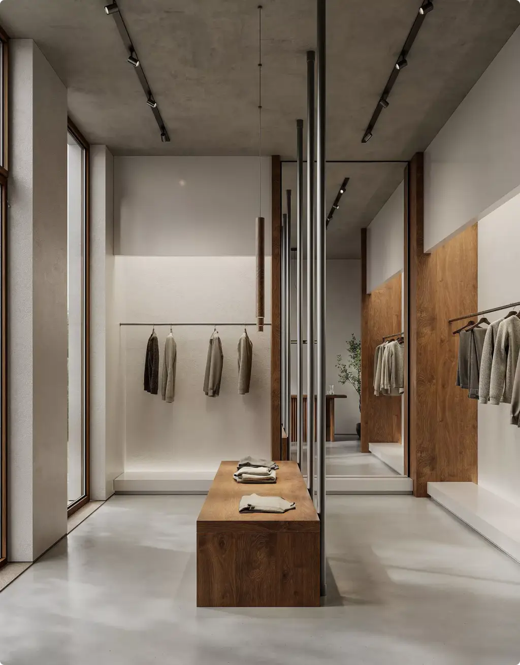 Modern clothing boutique in 3D Interior Rendering with wood bench and garment displays