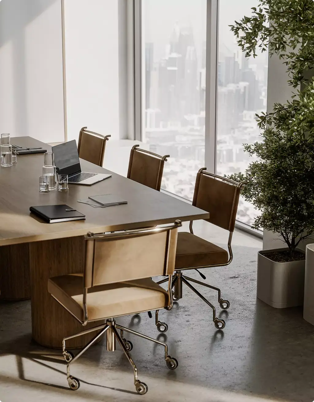 Conference room with leather office chairs in 3D Interior Rendering beside large windows