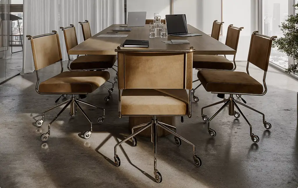 Conference table with rolling chairs in 3D Interior Rendering and laptops on the tabletop