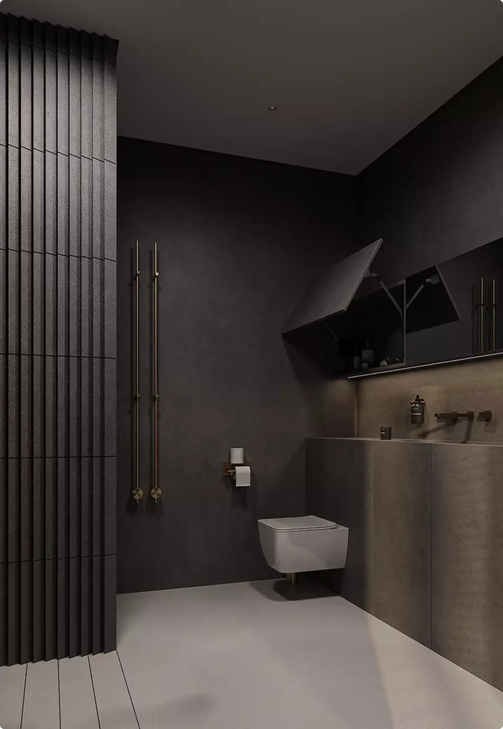 Dark minimalist bathroom in 3D Interior Rendering with floating toilet and textured walls