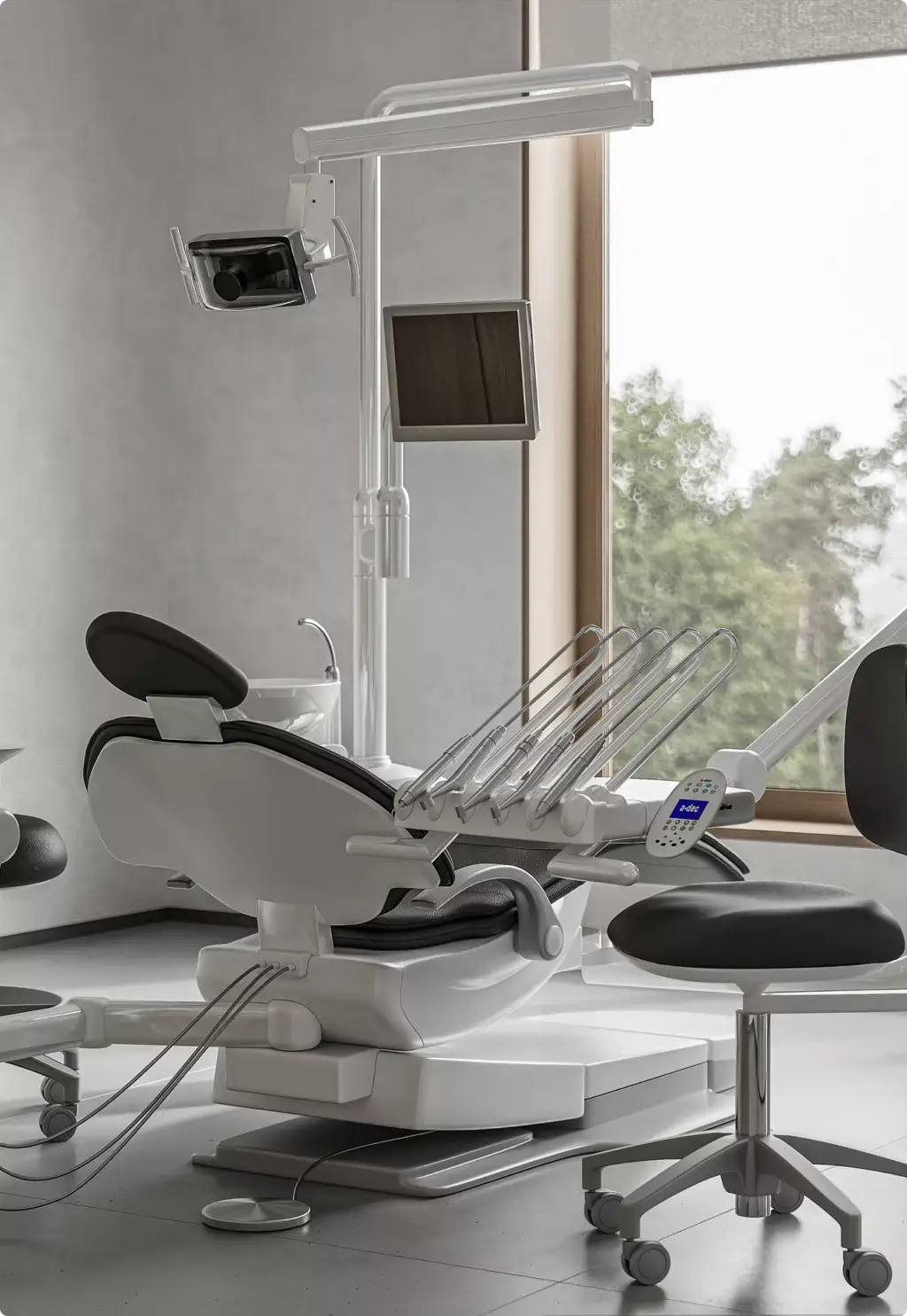 Dental chair close up in 3D Interior Rendering with overhead light and monitor