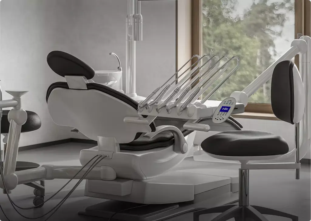 3D interior rendering of dental clinic with chair, equipment arms, control panel, window view