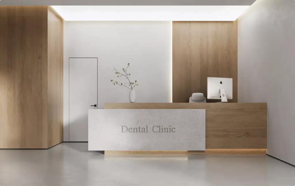 Minimal dental clinic reception desk in 3D Interior Rendering with wood and stone finishes