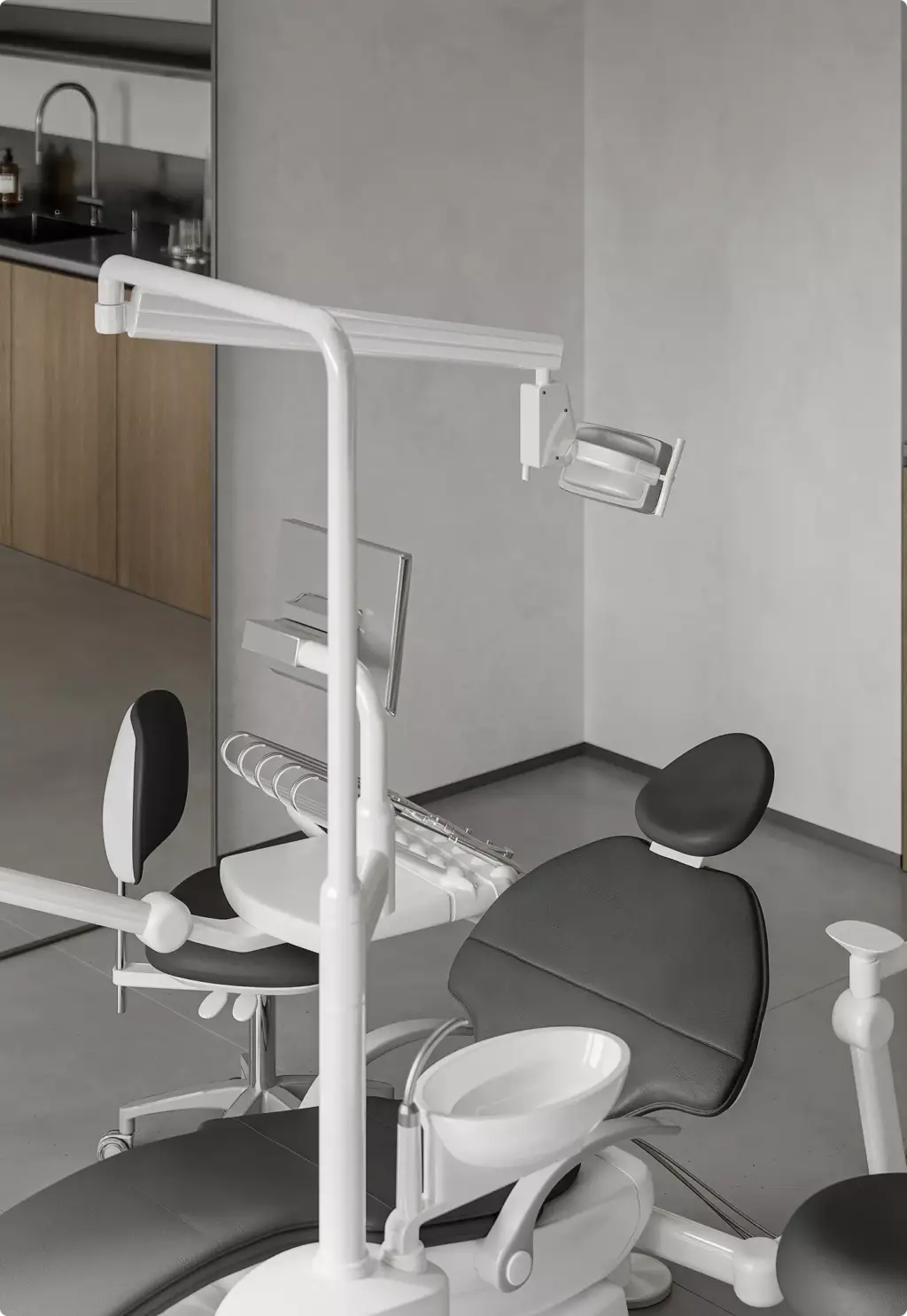 Dental equipment detail in 3D Interior Rendering with adjustable chair and overhead lamp