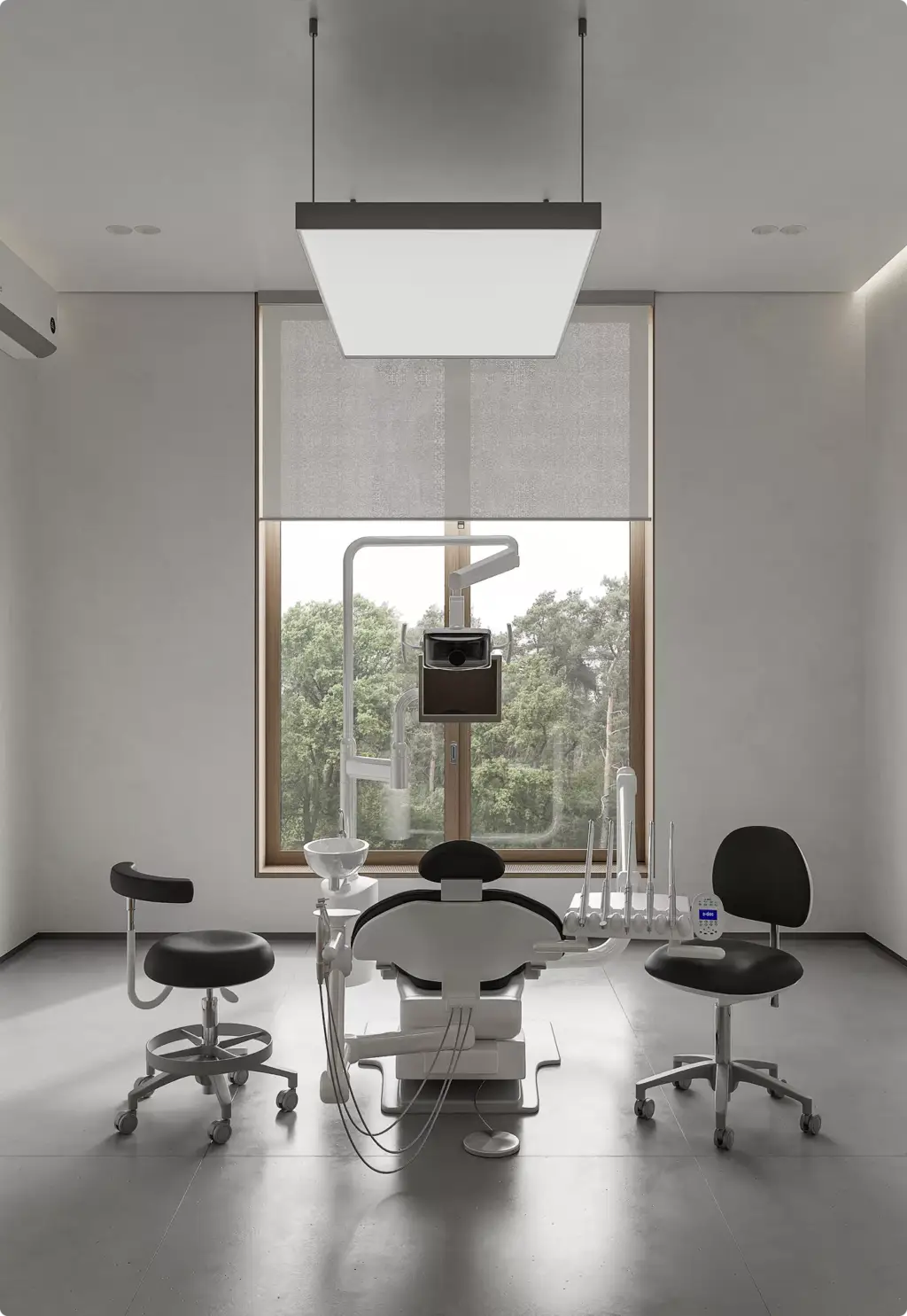 Modern dental treatment room in 3D Interior Rendering with chair and panoramic window
