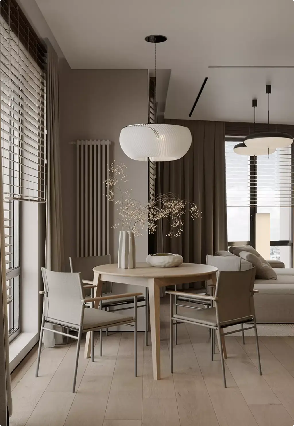 Dining area with round table in 3D Interior Rendering and soft neutral window lighting
