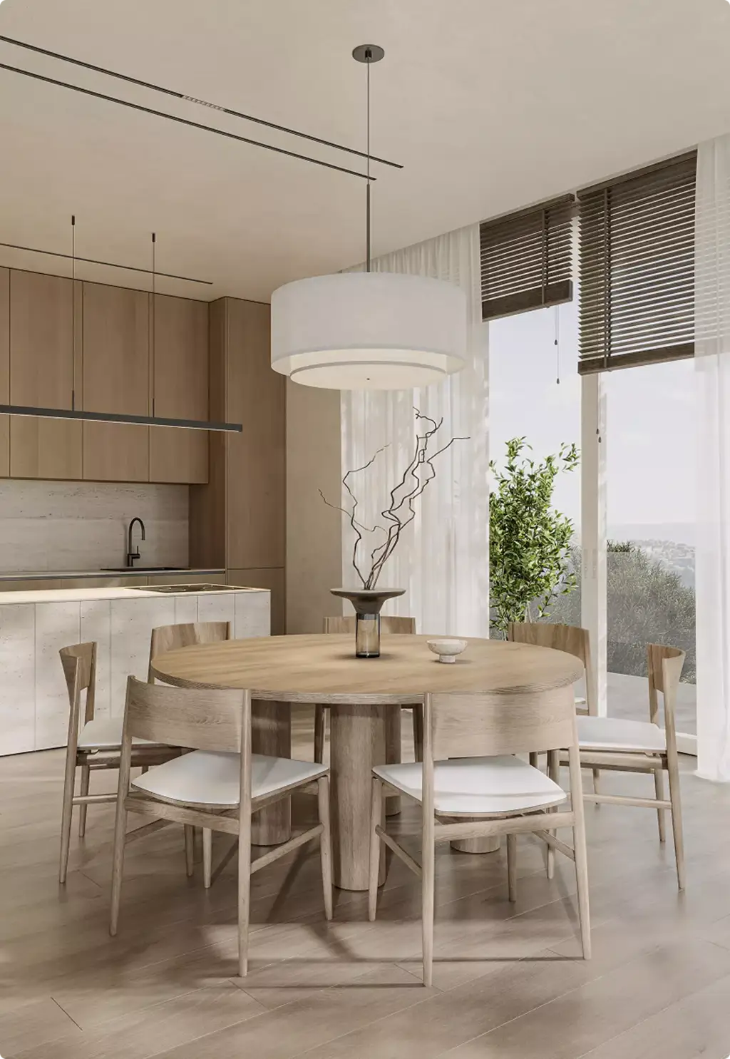 Round dining table beside modern kitchen in bright 3D Interior Rendering with tall windows