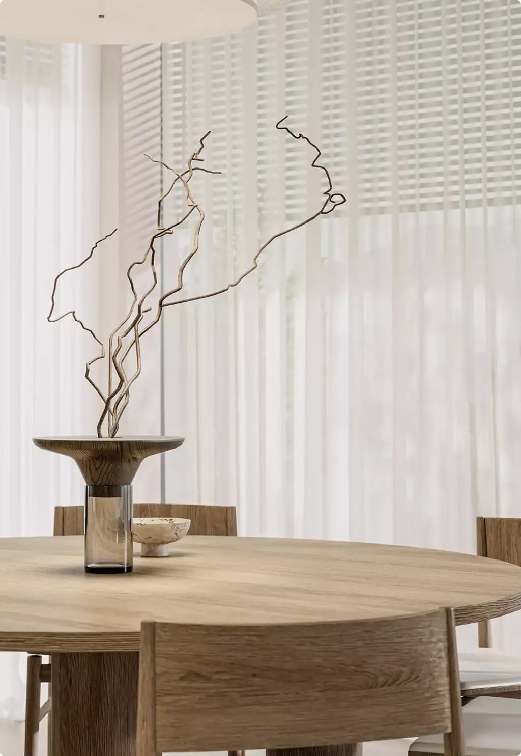 Wood dining table with sculptural vase in 3D Interior Rendering beside sheer window curtains