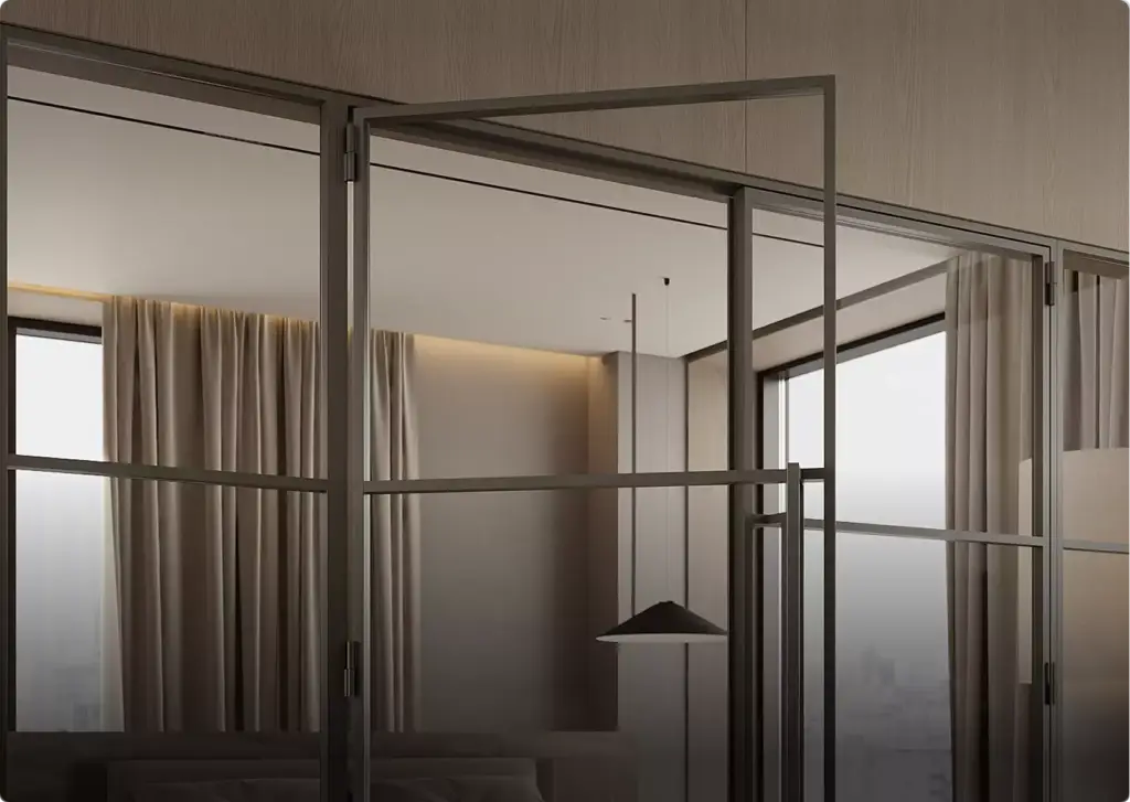 3D interior rendering of modern glass partition with metal frame, curtains, soft indoor lighting