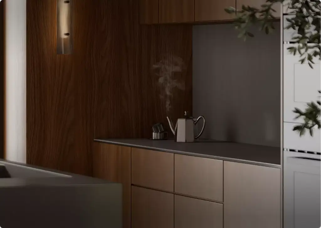 3D interior rendering of modern kitchen counter with wood cabinets, metal kettle, steam, soft lighting