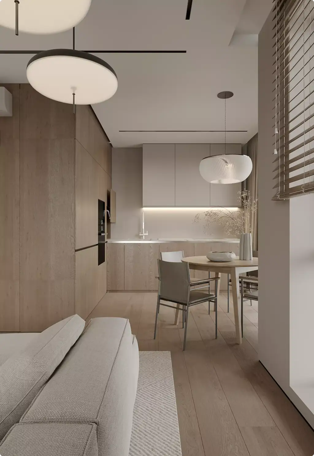 Minimal kitchen and dining space in 3D Interior Rendering with wood cabinetry and pendant lights