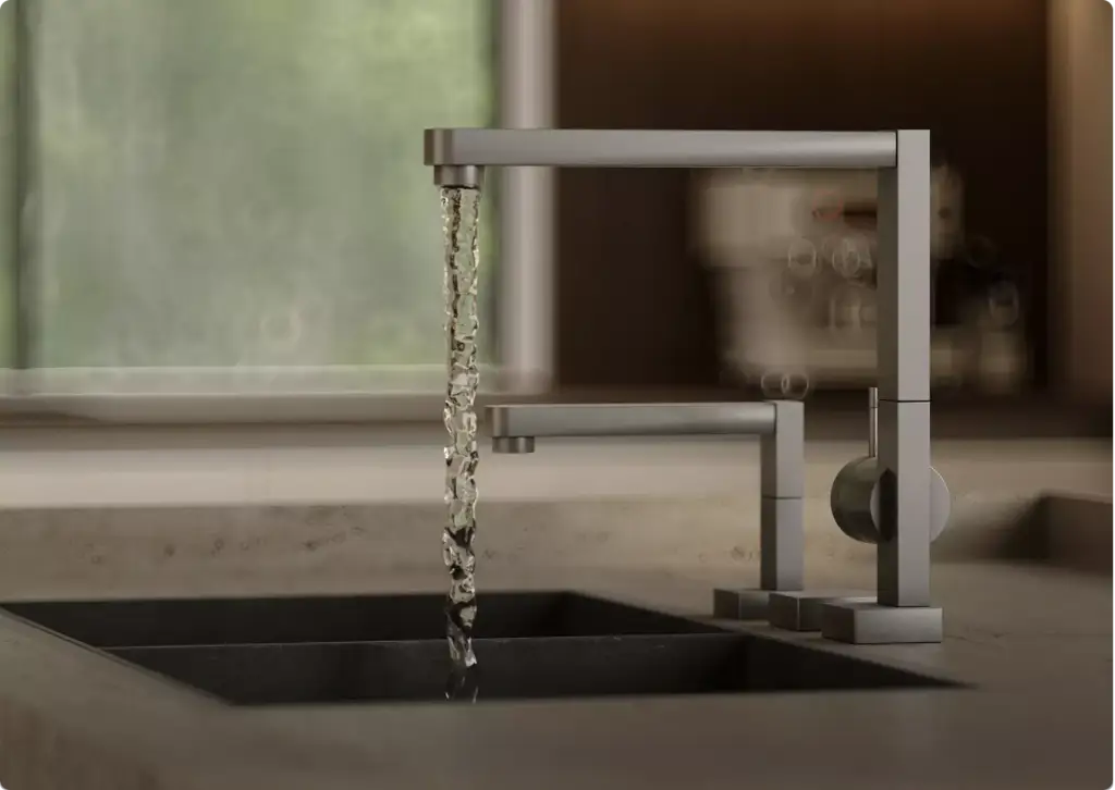 3D interior rendering of kitchen sink with modern faucet, running water stream, countertop and window