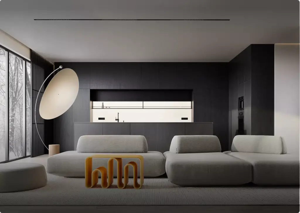3D interior rendering of modern living room with modular sofa, black kitchen wall, large floor lamp