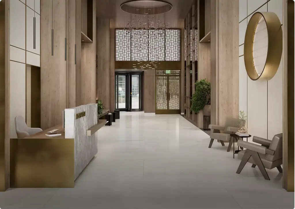 3D interior rendering of lobby with reception desk, wood walls, lounge chairs, decorative ceiling lights