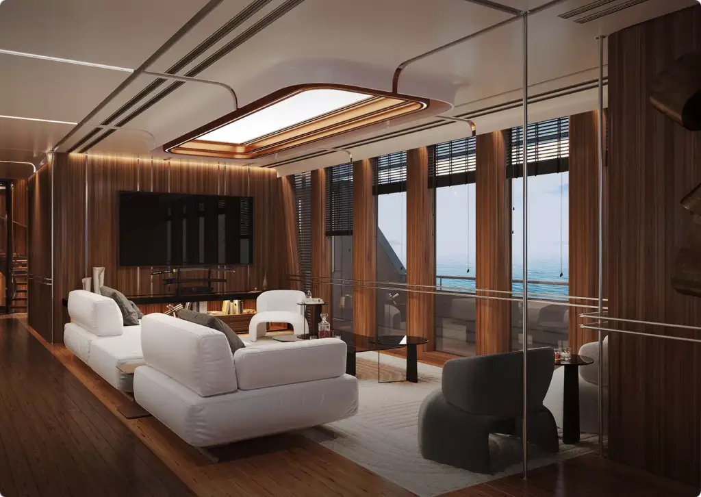 3D interior rendering of luxury living room with wood panel walls, white sofa, large windows, ocean view