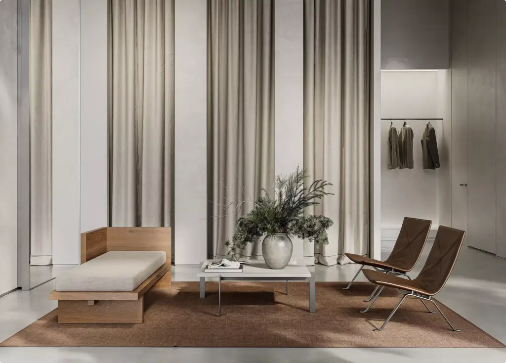 Luxury lounge seating in 3D Interior Rendering with leather chairs and soft curtains