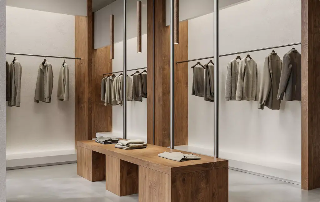 Minimal clothing boutique in 3D Interior Rendering with wood displays and neutral garments
