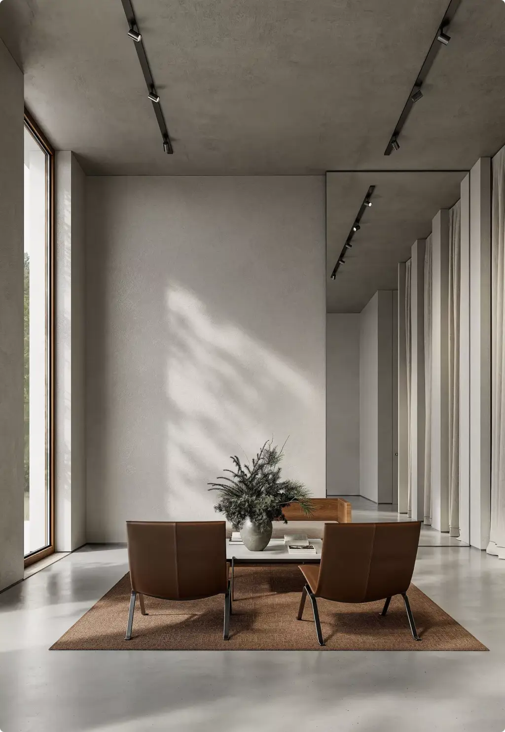 Minimal lounge area in 3D Interior Rendering with leather chairs and soft daylight
