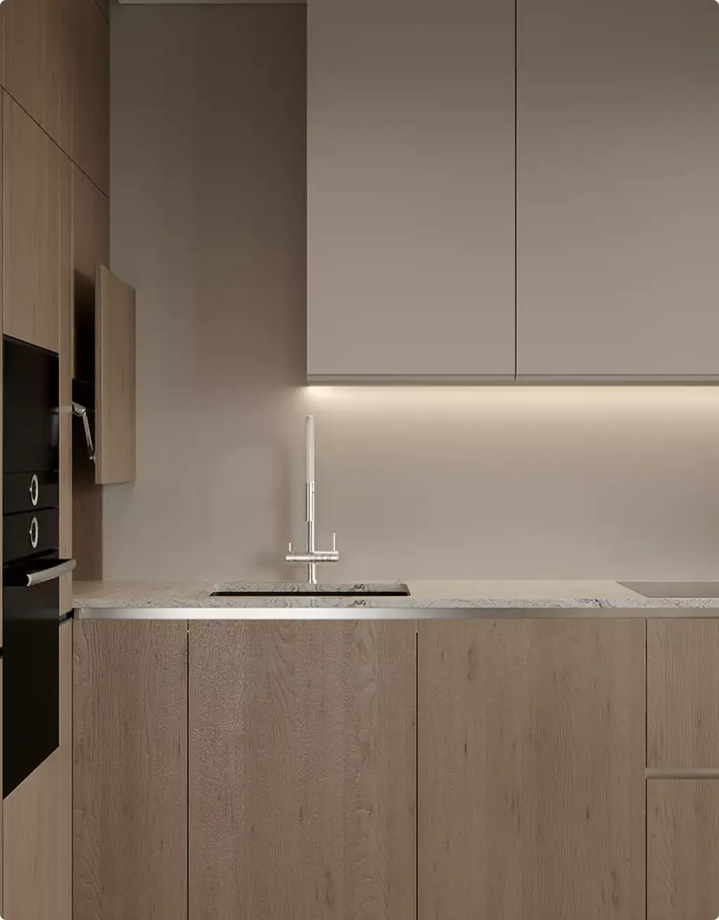 Minimalist kitchen sink and wood cabinets in 3D Interior Rendering with undercabinet lighting
