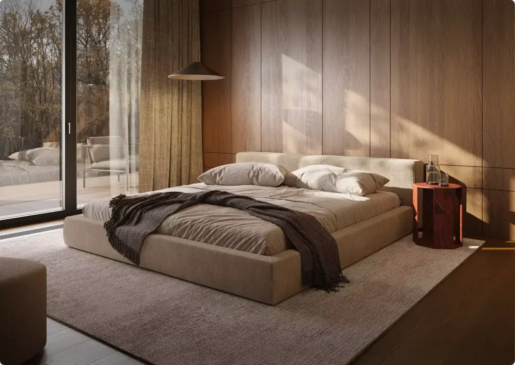 3D interior rendering of modern bedroom with low bed, wood wall panels, large window, soft natural light