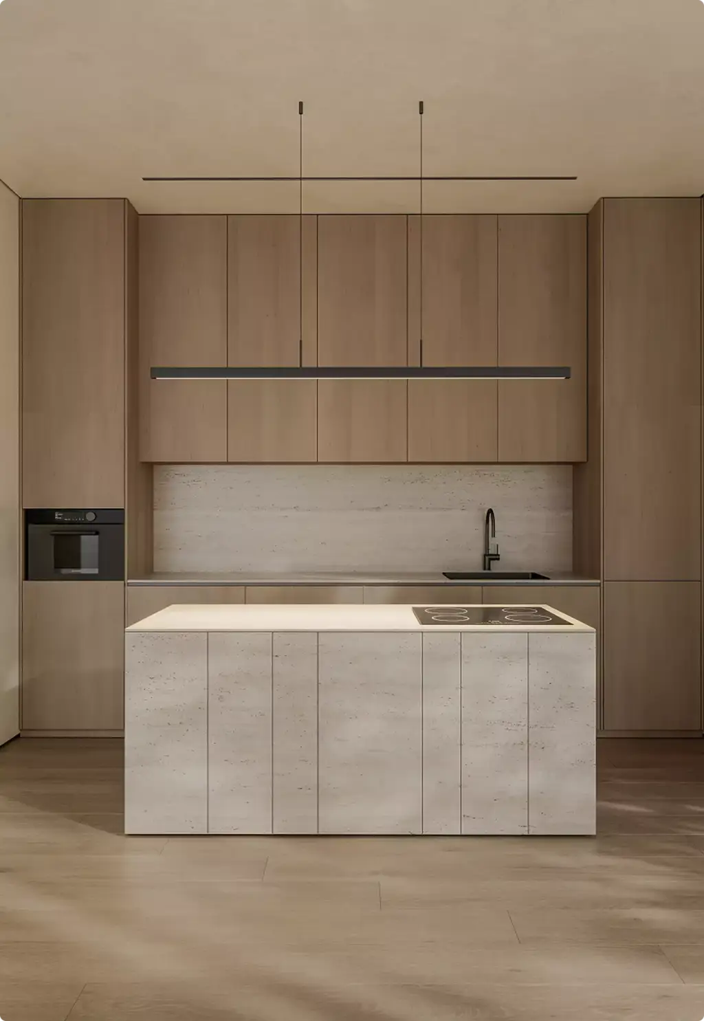 Modern wood kitchen with stone island in 3D Interior Rendering and linear pendant lighting