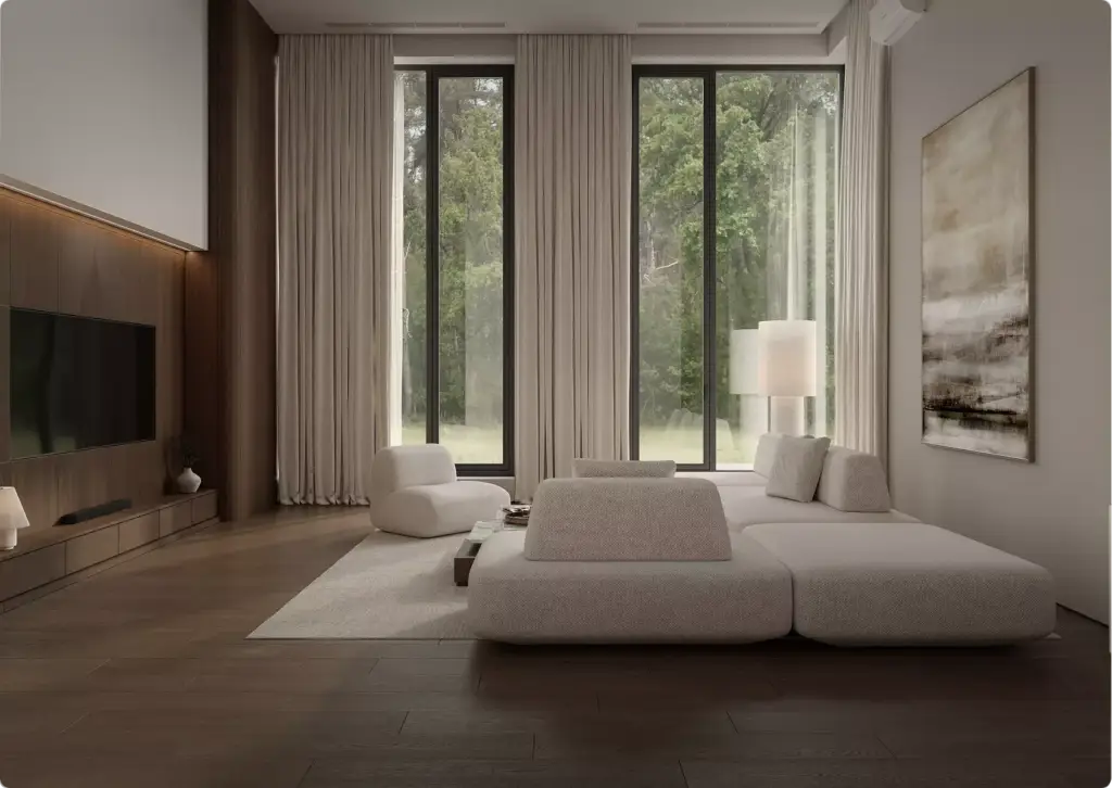 3D interior rendering of modern living room with low sofa, tall windows, sheer curtains, forest view