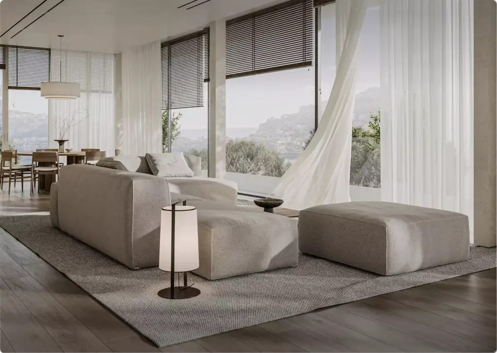 3D interior rendering of modern living room with beige sofa, large windows, sheer curtains, mountain view