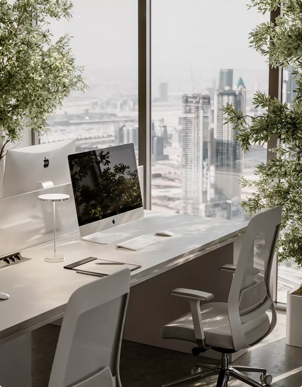 Modern office workspace in 3D Interior Rendering with computers and panoramic city skyline