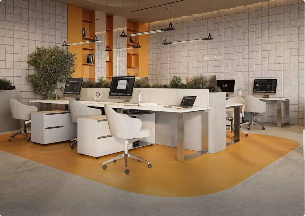 3D interior rendering of modern office workspace with desks, computers, chairs, plants, textured wall