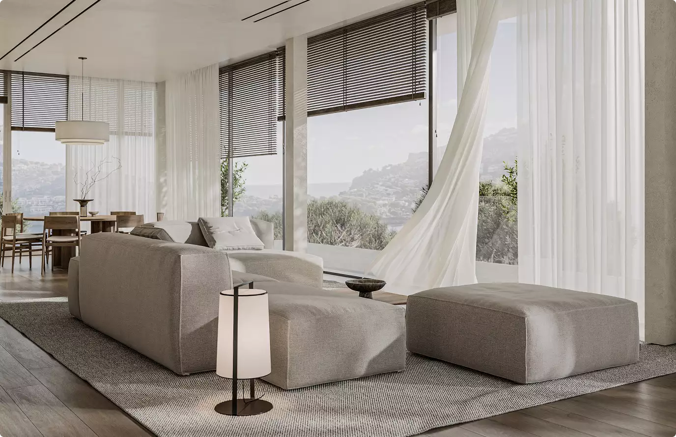 What Is Prairie Style Architecture? 3D interior rendering of an open-plan living space with large horizontal windows