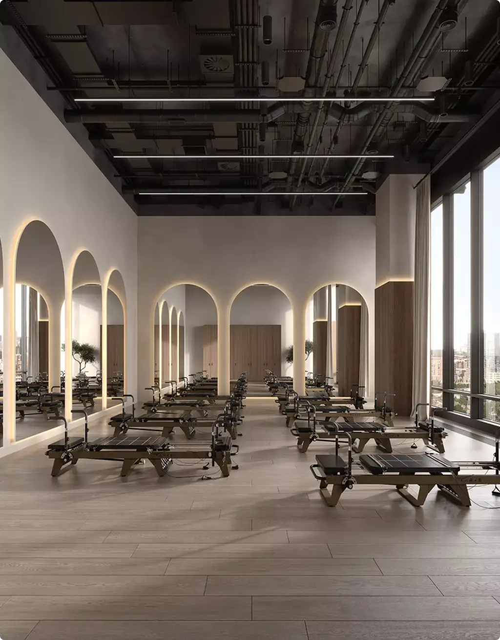 ilates reformer studio in 3D Interior Rendering with illuminated arch mirrors and tall windows