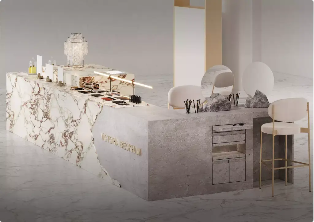 3D interior rendering of luxury retail counter with marble surfaces, makeup display, mirrors, chairs