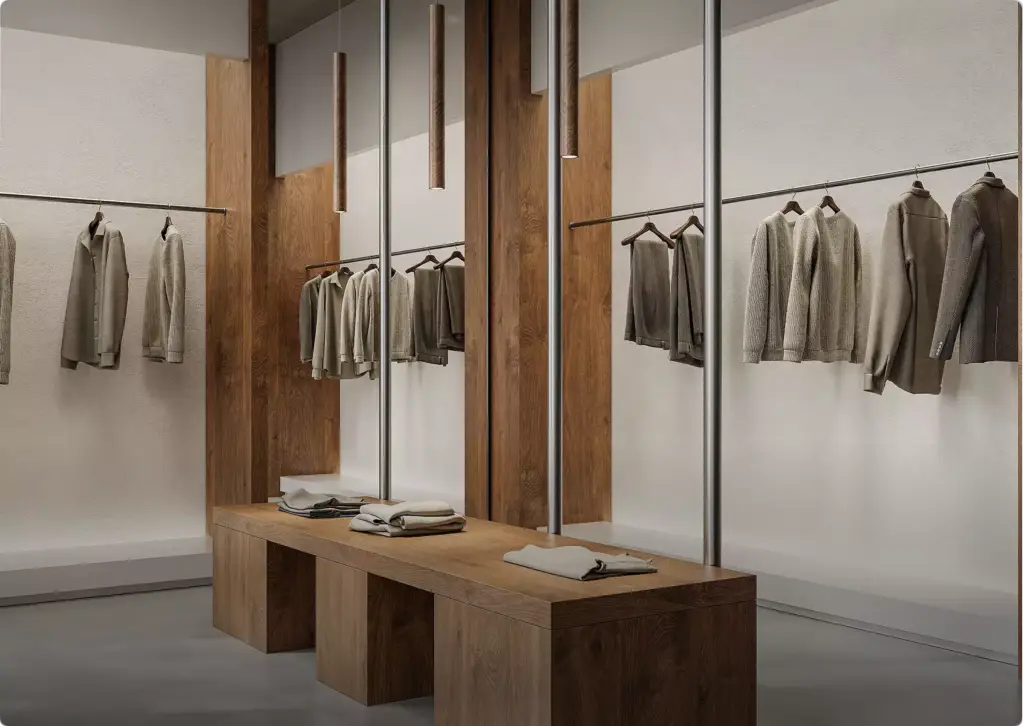 3D interior rendering of retail clothing store with hanging garments, wood fixtures, mirrors, bench seating