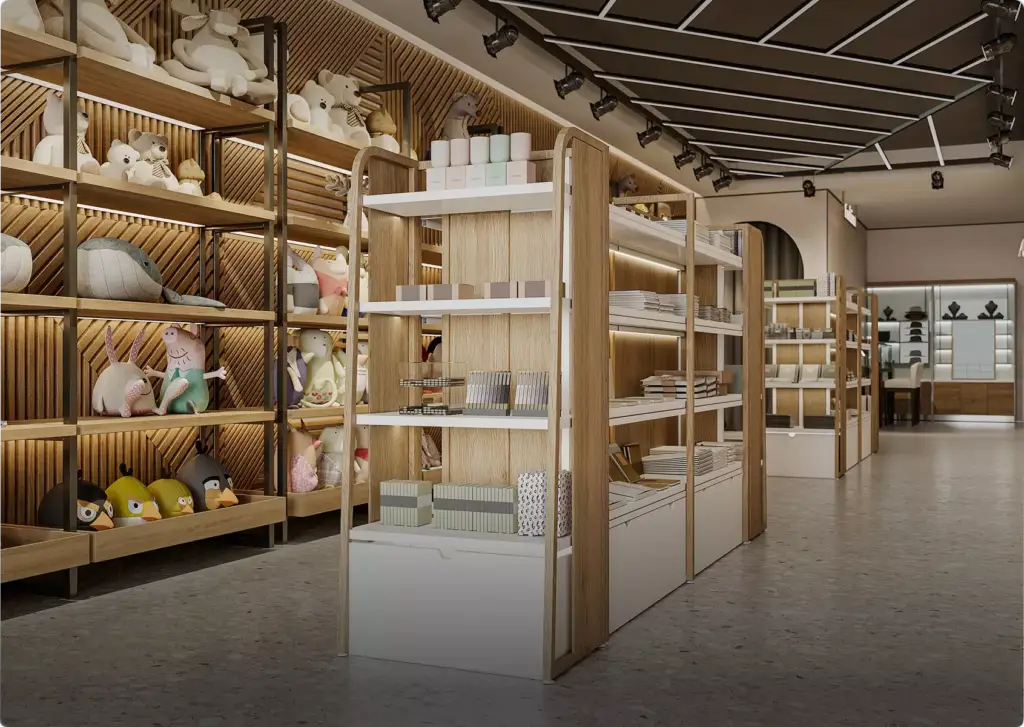 3D interior rendering of retail store with wooden shelves, toys, books, display racks, ceiling lights