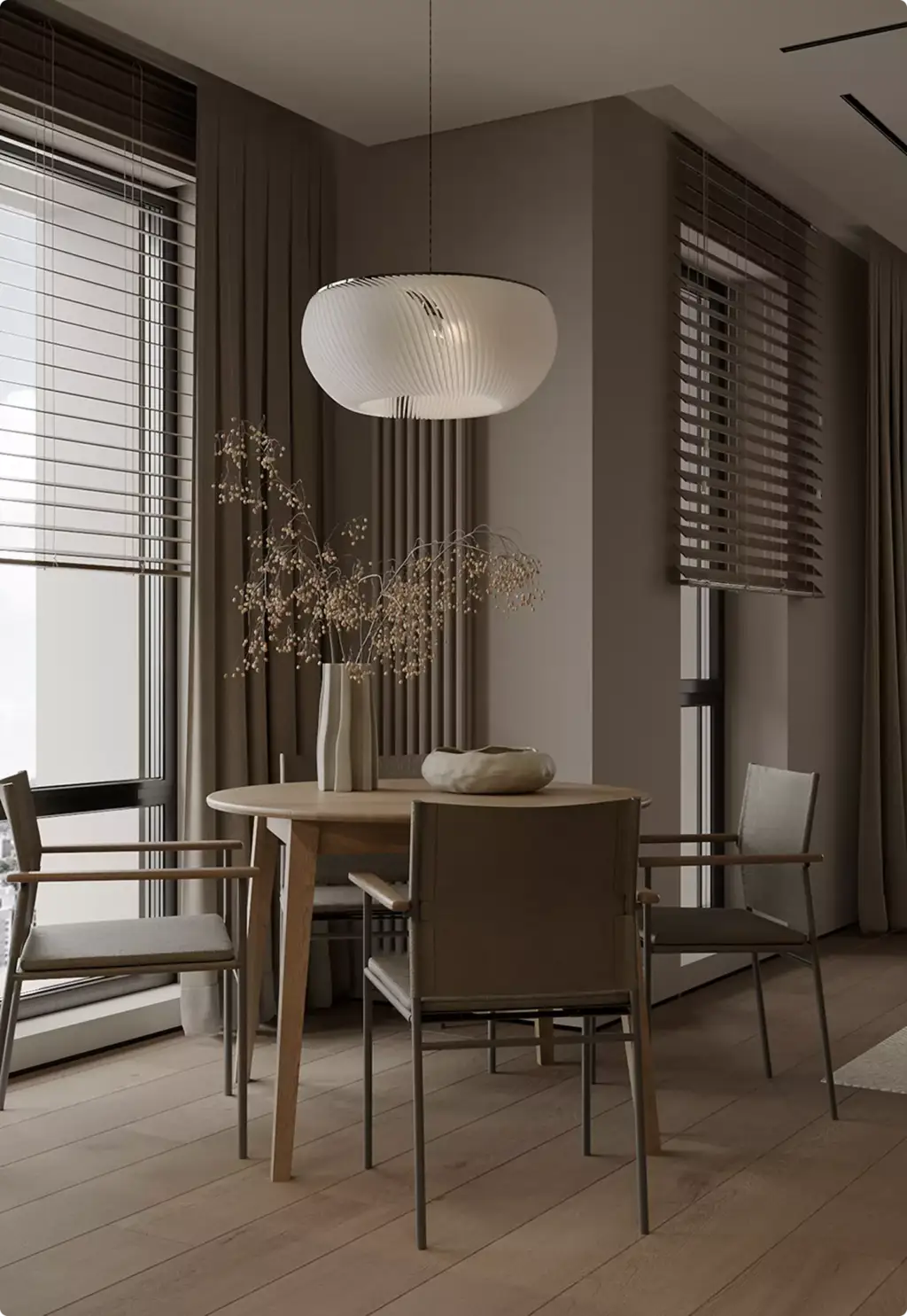 Round dining table with pendant light in 3D Interior Rendering beside tall windows