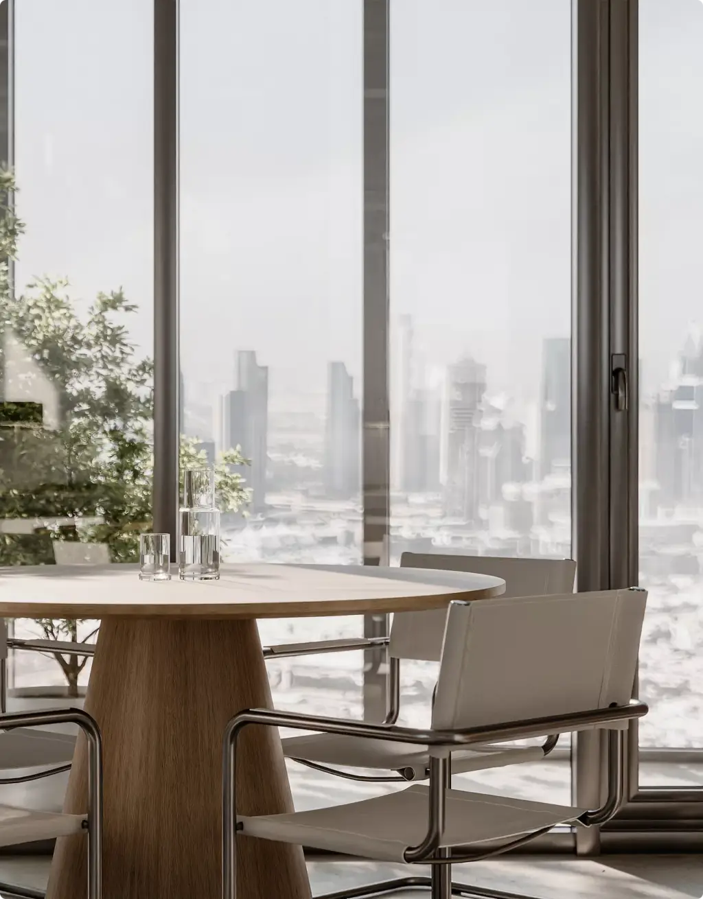 Round meeting table in 3D Interior Rendering beside floor to ceiling city view windows