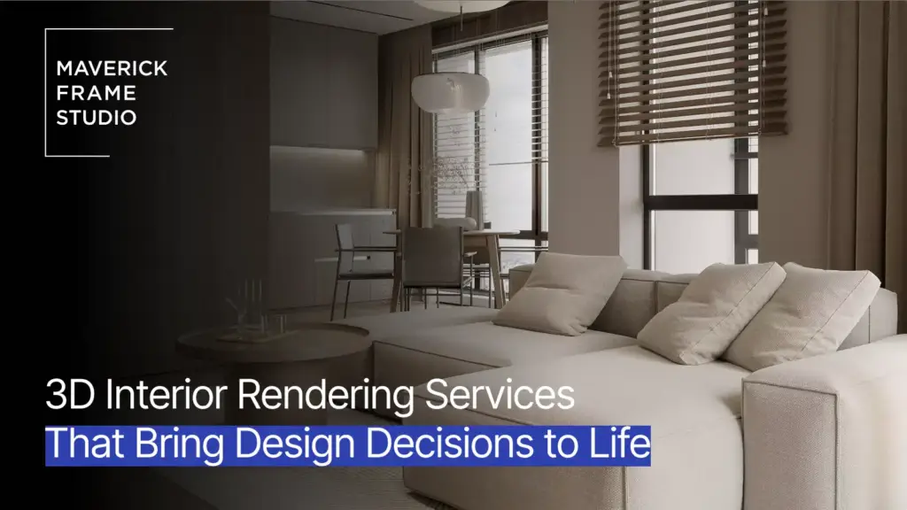 3D interior rendering services banner over modern living room render with Maverick Frame Studio text