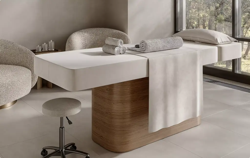 Spa massage table in 3D Interior Rendering with folded towels and soft natural lighting