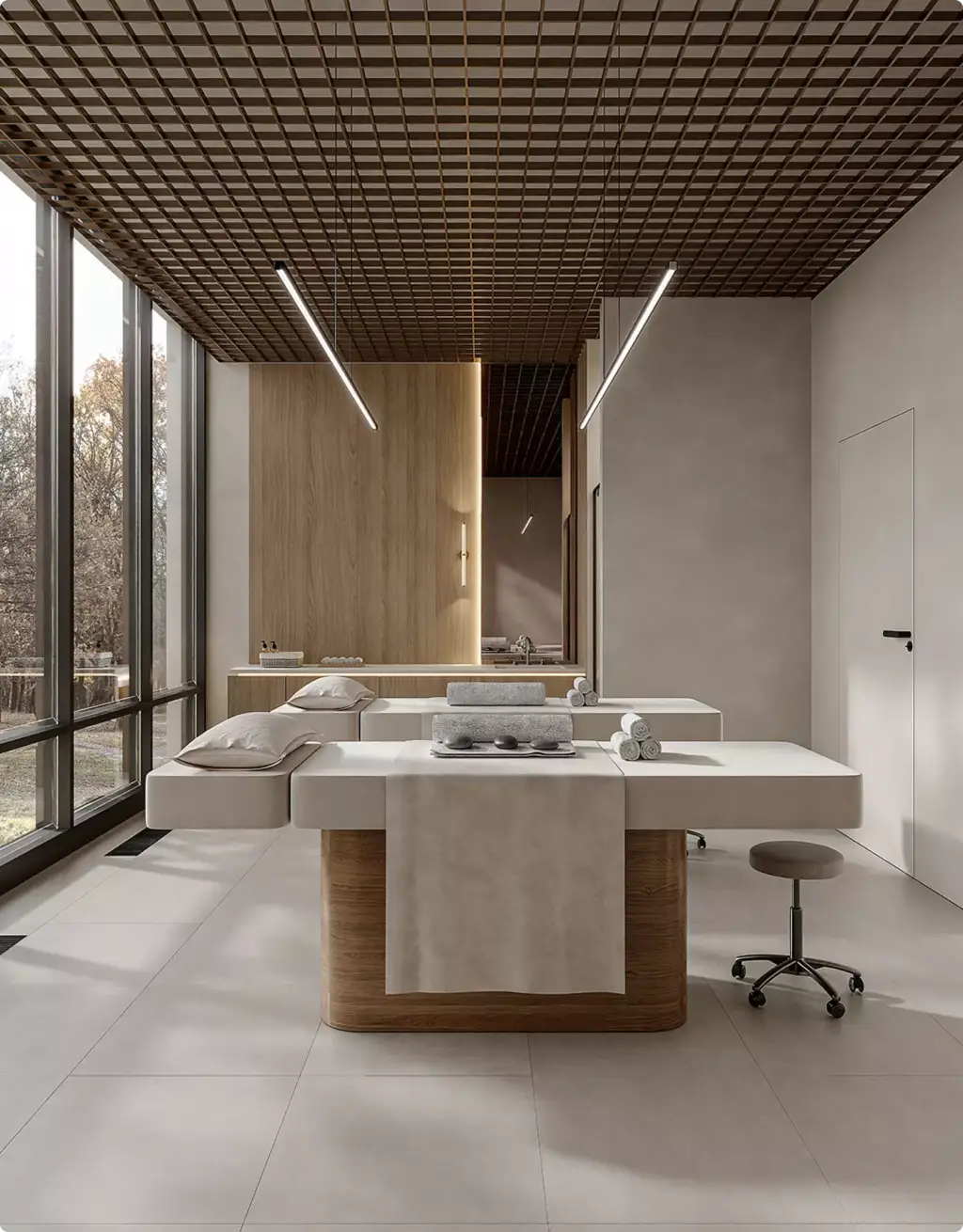 Spa treatment room in 3D Interior Rendering with massage tables and folded towels