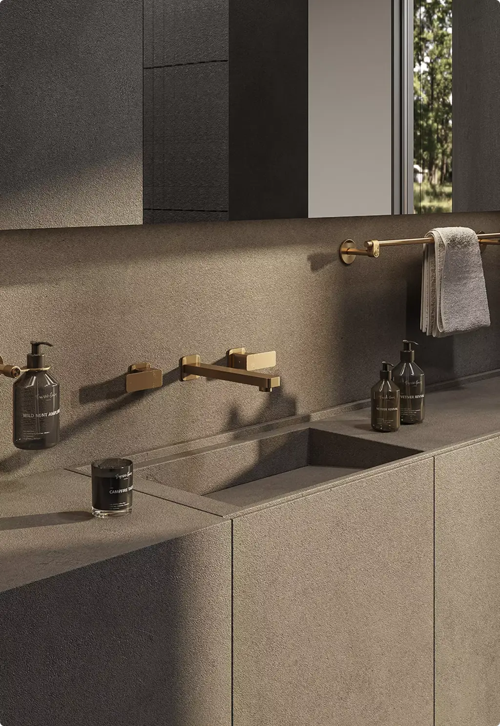 Modern sink and stone vanity in 3D Interior Rendering with bronze wall mounted faucet