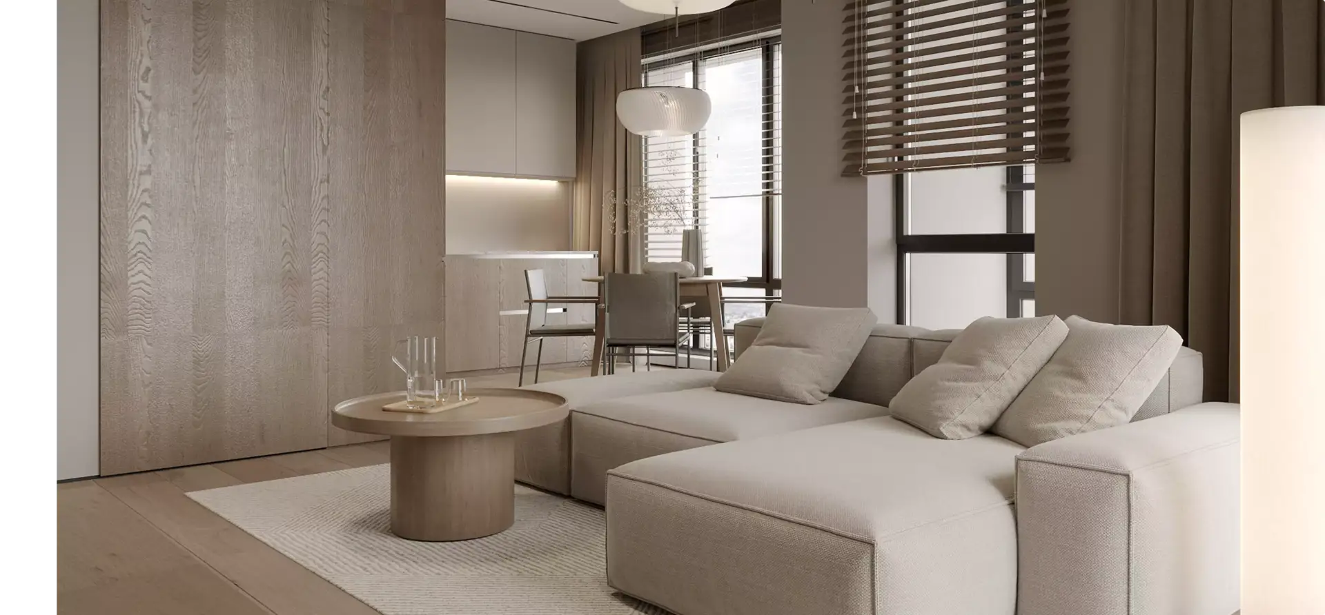Minimalist living room in 3D interior renderings, with soft beige palette and modern furniture